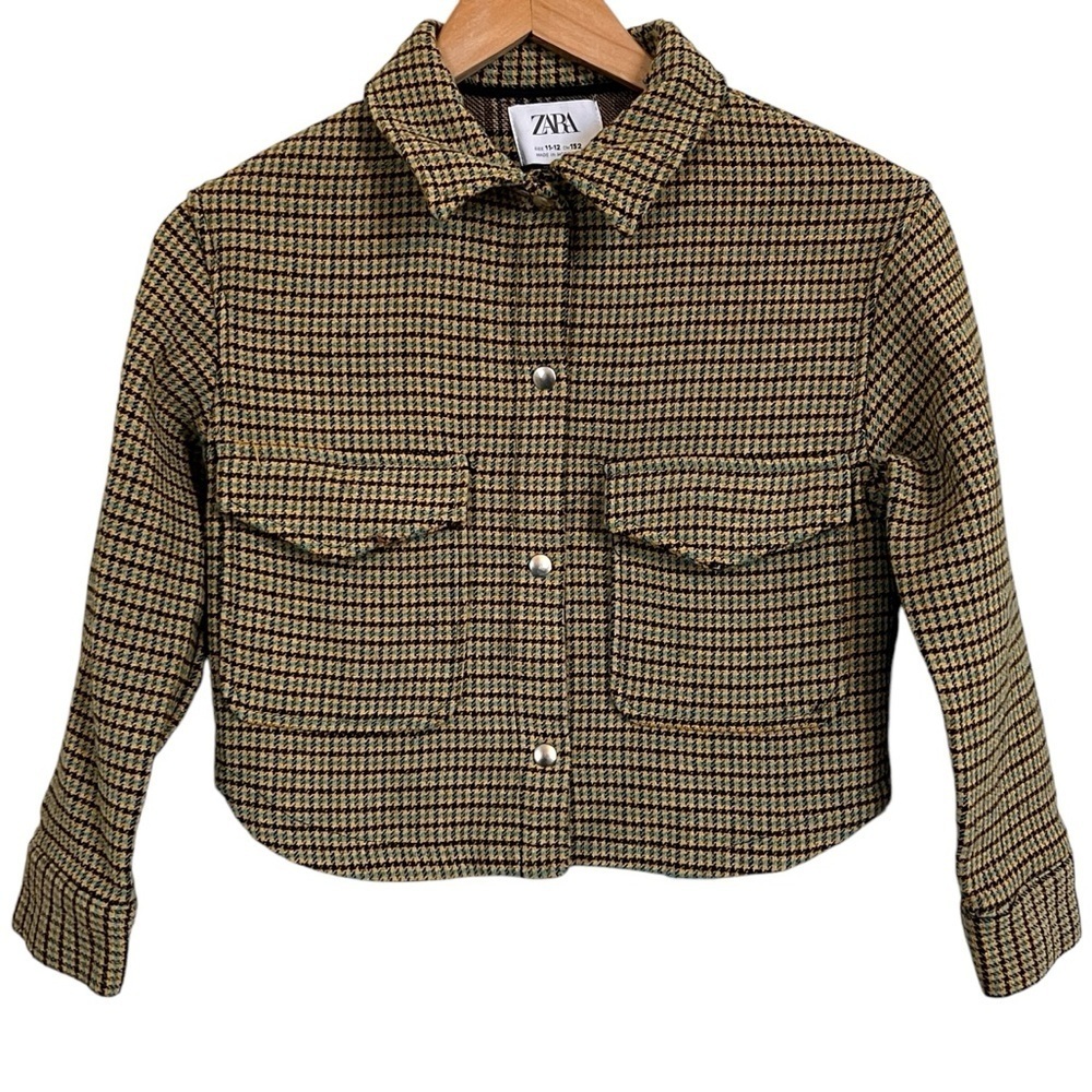 Zara Kids 11-12 Green Plaid Tweed Button Snap Jacket  green, mustard, turquoise